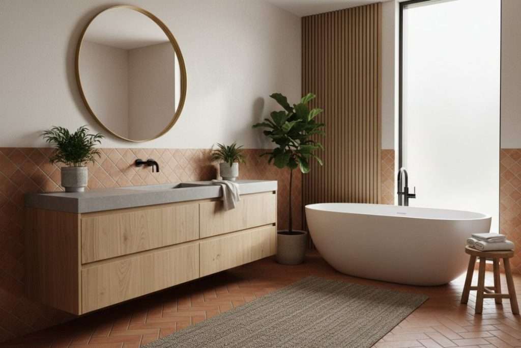 Salle de bain : l’alliance terracotta et bois réussie